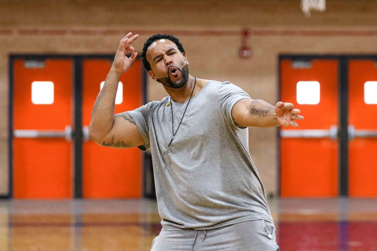Coach CJ demonstrating shooting form on the court